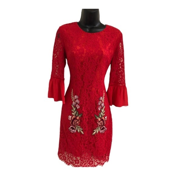 ava rose Dresses & Skirts - Ava Rose red lace peplum bell sleeve embroidered fitted sheath dress size small‎